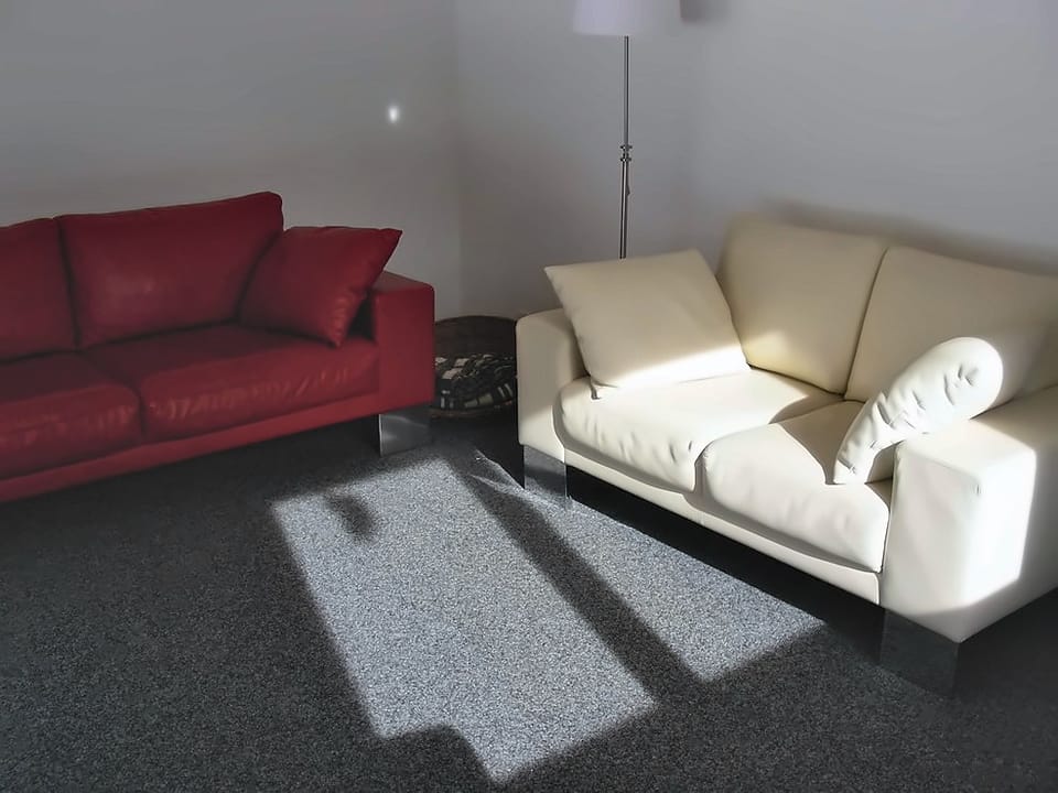 Wohnraum mit rotem Ledersofa und cremefarbenem Zweiersitzer, Sonnenlicht fällt auf den Teppich