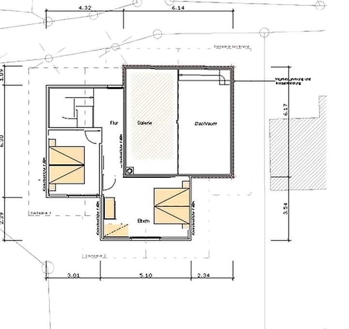 Grundriss des Dachgeschosses mit zwei Zimmern und Treppenhaus